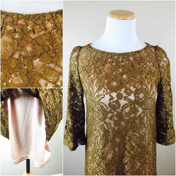 FOSSIL Brown Floral Lace Ruth Tunic Long Sleeve Dress XS Shift Classic Preppy - Picture 4 of 5